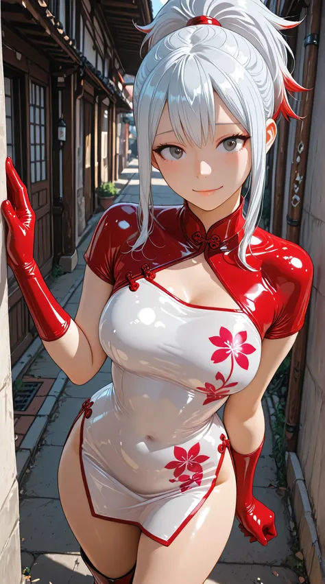 anime style. masterpiece. Higher quality. higher resolution. Photo RAW. Perfect Anatomy. ultra detailed. a beautiful girl. A petite babe. Fuyumi Todoroki. piel clara. white hair with red highlights. side locks. high ponytail. beautiful gray eyes. Thin lip...