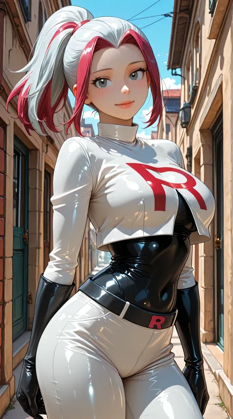 anime style. masterpiece. Higher quality. higher resolution. Photo RAW. Perfect Anatomy. ultra detailed. a beautiful girl. A petite babe. Fuyumi Todoroki. piel clara. white hair with red highlights. side locks. high ponytail. beautiful gray eyes. Thin lip...