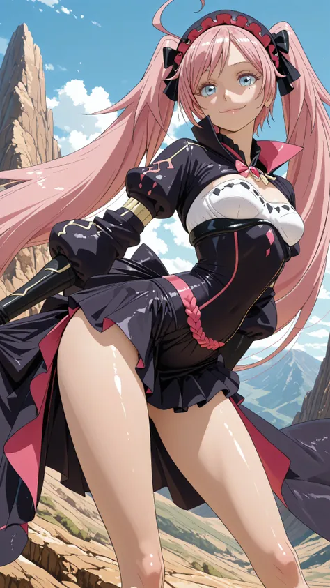 anime style. masterpiece. Higher quality. Alone, Milim Nava of Tensura. Horny and seductive nymphomaniac Lolita. piel clara. long pink hair. high side ponytails. best quality pink hair. blue eyes, thin and thin eyelashes. ((( Small breasts. caderas anchas,...