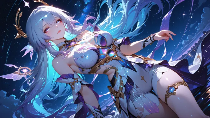 herscher of origin, honkai star rail, glow, shine, dynamic angle, night, stars, whimsical, glossy, aesthetic, artistic, cinematic, dreamy, dynamic pose, foreshirtening
