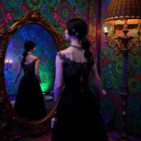 Ultra-realistic. A woman stands before an ornate oval mirror in a fantastical room alive with vivid colors and intricate patterns. Her attire is elegantly gothic, featuring a flowing black dress adorned with an intricate silver embroidery around the bodice...