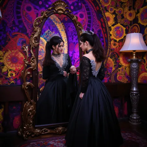 Ultra-realistic. A woman steps through a mirror. A woman stands before an ornate oval mirror in a fantastical room alive with vivid colors and intricate patterns. Her attire is elegantly gothic, featuring a flowing black dress adorned with an intricate sil...