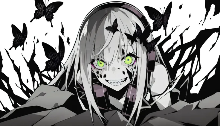 ((The background is a chaotic near-future、Collapsing World、butterfly))、masterpiece, Highest Quality, ((1 girl:The arrangement is centered)), ((Background is colored flame))、Spikes, ((solo)), headphones , Crazy smile, , spiked Color, Illness, monochrome, 色...