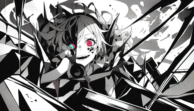 ((The background is a chaotic near-future、Collapsing World、gun、Machine Gun))、masterpiece, Highest Quality, ((1 girl:The arrangement is centered)), ((背景は色つきのgun弾))、Spikes, ((solo)), headphones , Crazy smile, , spiked Color, Illness, monochrome, 色つきのheadpho...