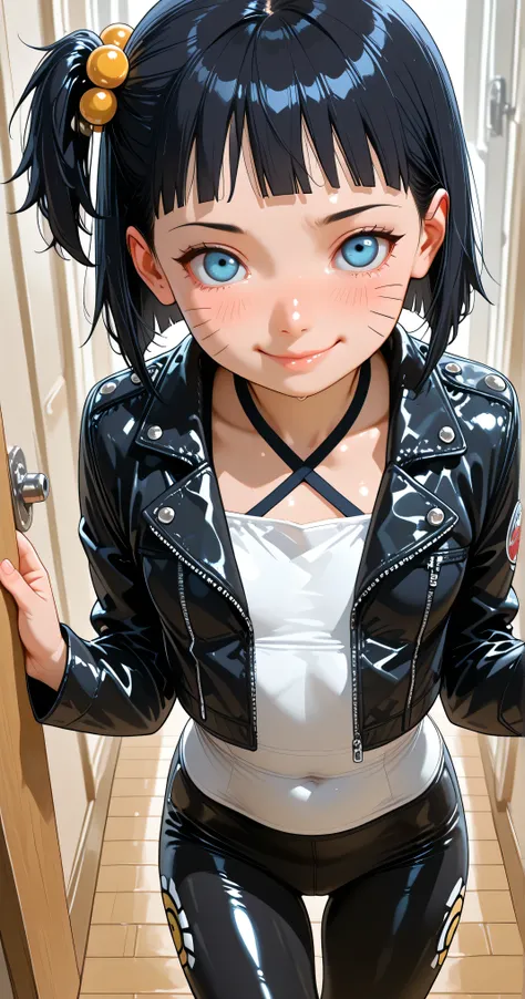 flat breasted、short black hair, blue eyes. one side up, Solo Girl, [Himawari Uzumaki . ((Junior elementary school)), cowboy shot, room, full face blush, Close your mouth, masterpiece、superior quality、無修正、low height. slight smile. flirty expression. Open bl...