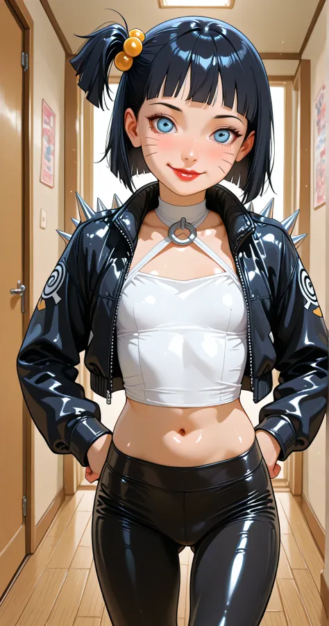 flat breasted、short black hair, blue eyes. one side up, Solo Girl, [Himawari Uzumaki . ((Junior elementary school)), cowboy shot, room, full face blush, Close your mouth, masterpiece、superior quality、無修正、low height. slight smile, red lipstick. flirty expre...