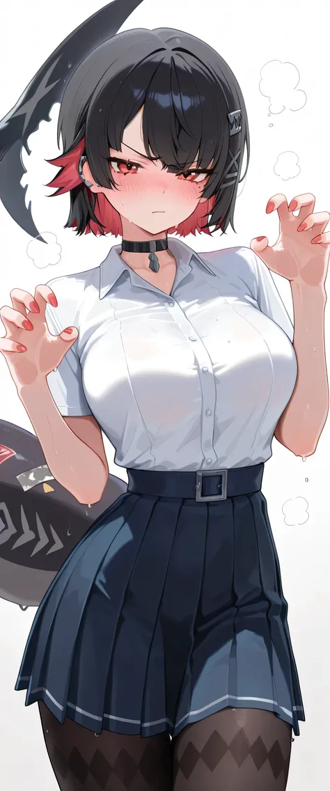 ellen_joe, 1girl, solo, red eyes, hot, steaming, steaming body, sweat, sweating, sweaty, sweaty body, wet, wet body, dripping, dripping sweat, blushing, embarrassed, nervous, annoyed, closed mouth, (((white background))), looking at viewer, cowboy shot, cl...