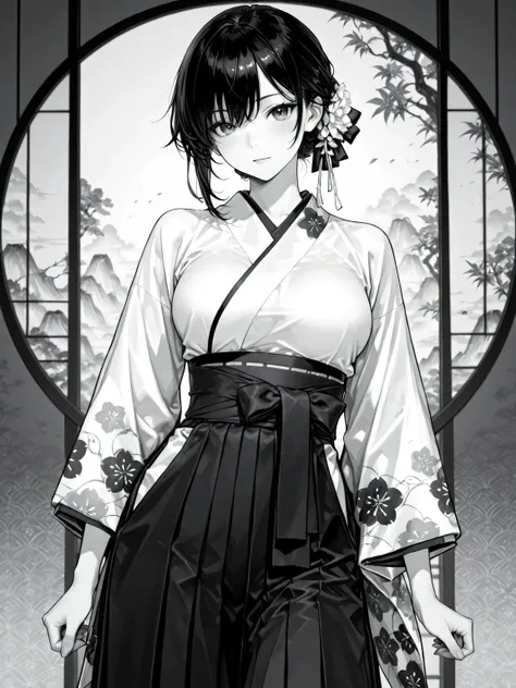 Like an ink painting: 1.5、 Monochrome ∶1.5、complex and luxurious Japanese pattern background、delicate and slender woman holding a bow、Rin々Expression、(5 including thumbs)、Hakama、ink expresses the flow of wind、Highest Quality、masterpiece