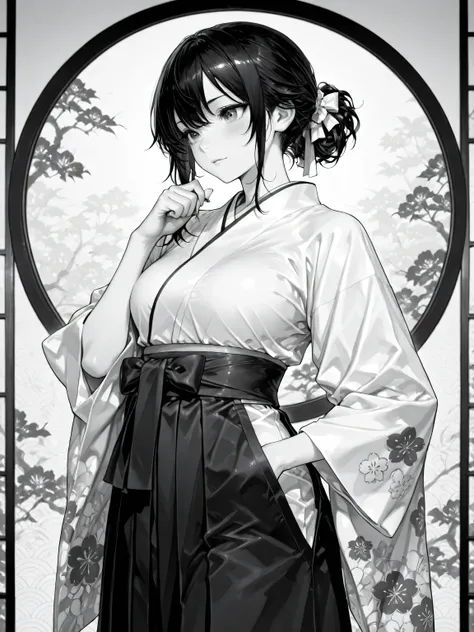 Like an ink painting: 1.5、 Monochrome ∶1.5、complex and luxurious Japanese pattern background、delicate and slender woman holding a bow、Rin々Expression、(5 including thumbs)、Hakama、ink expresses the flow of wind、Highest Quality、masterpiece