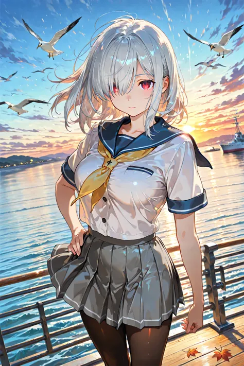 1 girl, Game CG,

((Masterpiece)),(( highest quality)), ((high resolution)), clear autumn harbor, one girl, solo, bellow shot, standing, dignified expression, determined gaze, closed mouth, beautiful face and eye details, dynamic pose, one hand on hip, the...