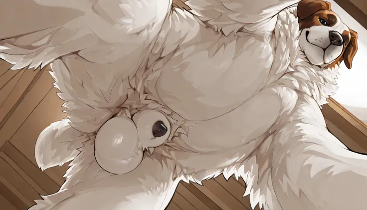 Male, solo, feral, saint_bernard, balls, sheath, cute, big_body, big_dog, sexy, seductive, panis_tip, fluffy, balls_tuft, perspective, low_angle_view, front_view, raptoral