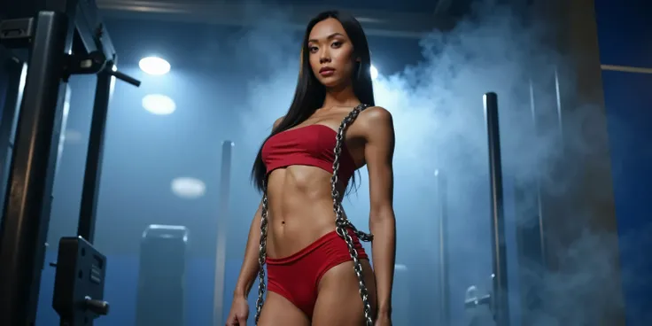 hyper detailed photograph, 8k ultra realistic, DSLR quality image, cinematic lighting photo, sexy ladyboy, wearing cut off gym shirt, red booty shorts, white tennis shoes , Long dirty blonde, medium skin tone, average height, athletic build, goddess figure...