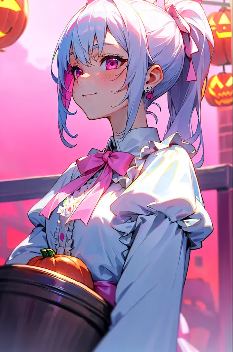 One girl、8k、Sharp Focus、(Bokeh) (Best Quality) (Detailed skin:1.3) (Intricate details) (anime)、Upper body close-up、From the side、Natural proportions、smile、White skin、Big eyes、Dark pink eyes、silver ponytail、blue jacket、pink ribbon on chest, pink ribbon and ...