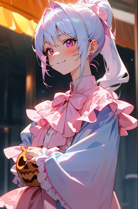 One girl、8k、Sharp Focus、(Bokeh) (Best Quality) (Detailed skin:1.3) (Intricate details) (anime)、Upper body close-up、From the side、Natural proportions、smile、White skin、Big eyes、Dark pink eyes、silver ponytail、blue jacket、pink ribbon on chest, pink ribbon and ...