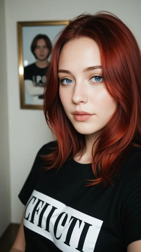 Beautiful red-haired girl with blue eyes, shoulder-length hair, is wearing a black t-shirt, Portrait photograph only of his face 