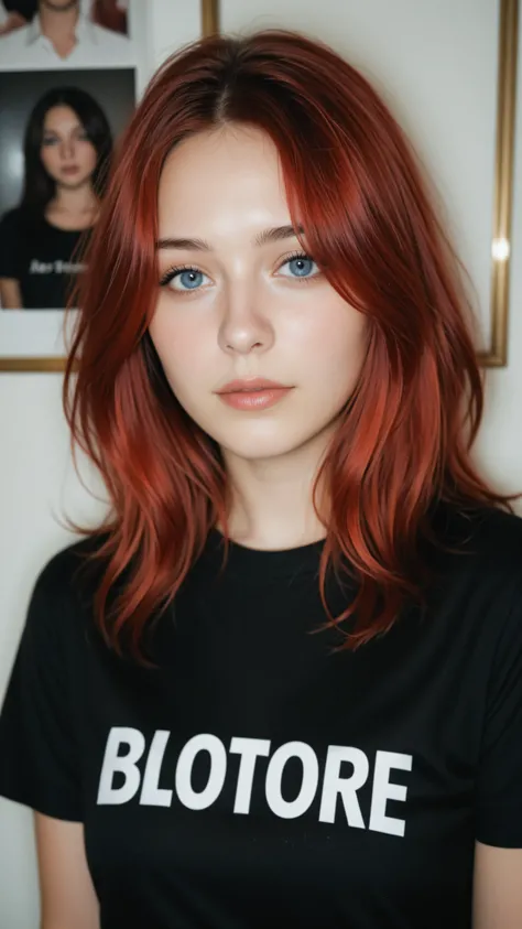 Beautiful red-haired girl with blue eyes, shoulder-length hair, is wearing a black t-shirt, Portrait photograph only of his face 