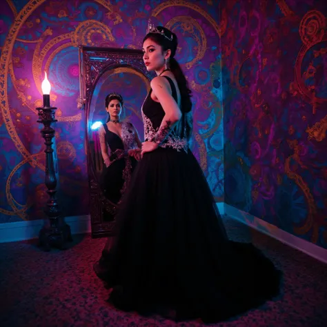 Ultra-realistic. A woman steps through a mirror. A woman stands before an ornate oval mirror in a fantastical room alive with vivid colors and intricate patterns. Her attire is elegantly gothic, featuring a flowing black dress adorned with an intricate sil...
