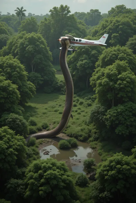 Ultra realistic. A small prop plane is flying over a tropical rainforest. The crew spots an impossibly large snake in a small clearing near a water hole. As they circle the snake lifts itself up to nearly 3/4 of the way up to the plane. Images look like t...