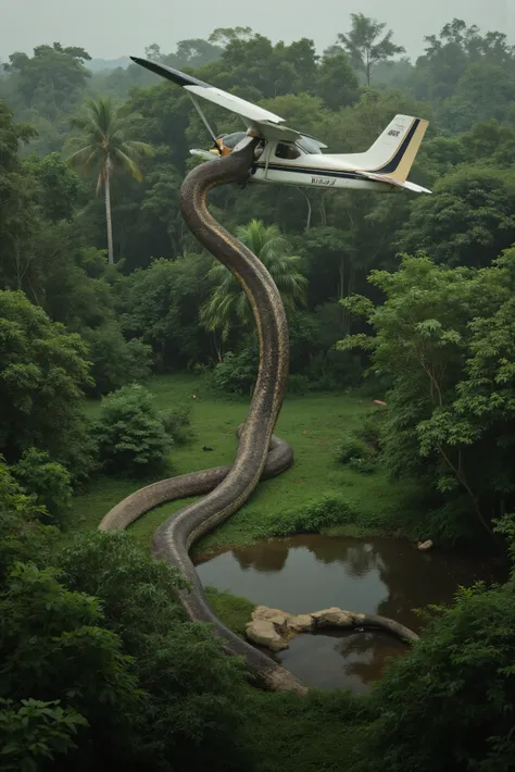 Ultra Realistic. A small prop plane is flying over a tropical rainforest. The crew spots an impossibly large snake in a small clearing near a water hole. As they circle the snake lifts itself up to nearly 3/4 of the way up to the plane. Images look like t...