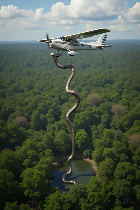 A small prop plane is flying over a tropical rainforest. The crew spots an impossibly large snake in a small clearing near a water hole. As they circle the snake lifts itself up to nearly 3/4 of the way up to the plane. Images look like they were taken ju...