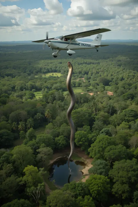 A small prop plane is flying over a tropical rainforest. The crew spots an impossibly large snake in a small clearing near a water hole. As they circle the snake lifts itself up to nearly 3/4 of the way up to the plane. Images look like they were taken ju...