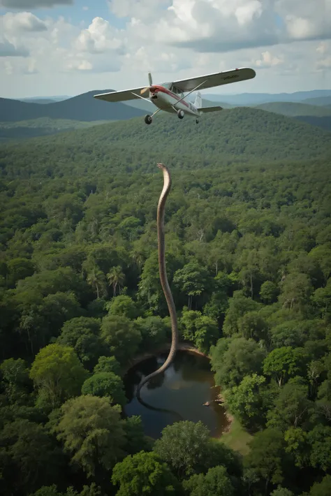 A small prop plane is flying over a tropical rainforest. The crew spots an impossibly large snake in a small clearing near a water hole. As they circle the snake lifts itself up to nearly 3/4 of the way up to the plane. Images look like they were taken ju...