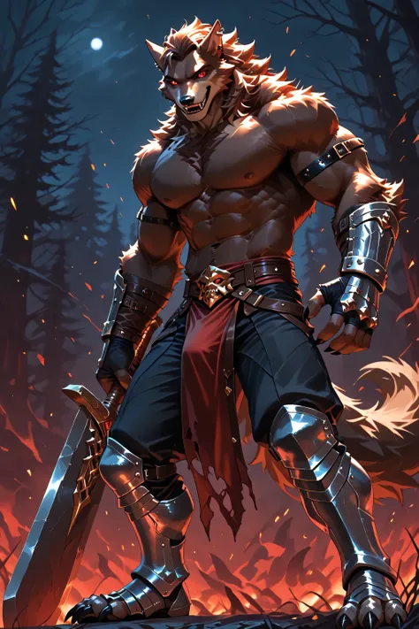 1man, werewolf, furry, brown fur, red eyes, muscular, claws, metal bracers, white dick,fingerless gauntlets, armored boots, black pants, arm bands, earclip, (toothy smile:0.8), giant sword