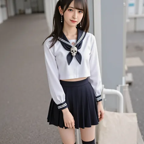 arafed asian woman in a black skirt and a white shirt posing for a picture, japanese school uniform, japanese girl school uniform, wearing japanese school uniform, cute schoolgirl, jk uniform, beautiful anime high school girl, loafers, Open belly, See the ...