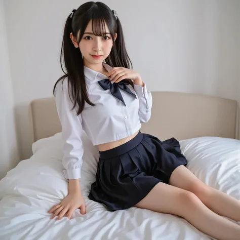 arafed asian woman in a black skirt and a white shirt posing for a picture, japanese school uniform, japanese girl school uniform, wearing japanese school uniform, cute schoolgirl, jk uniform, beautiful anime high school girl, loafers, Open belly, See the ...