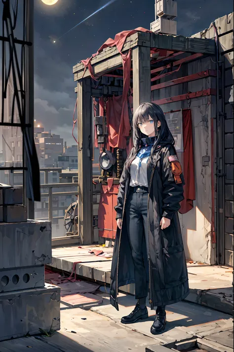 abandoned space station,woman standing with her eyes open android,Night sky with big moon visible,astronauts standing up,4k,High Quality,Digital 3D Rendering,Realistic,Inspired by ,dark fantasy,mechanical atmosphere,cinematic,moody lighting,Deep Shadow,Coo...