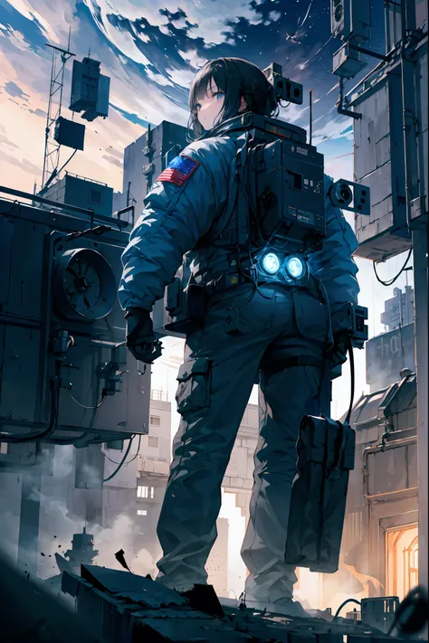 abandoned space station,woman standing with her eyes open android,Night sky with big moon visible,astronauts standing up,comet,meteor、空から降り注ぐmeteor、無数のmeteor群、4k,High Quality,Digital 3D Rendering,Realistic,Inspired by ,dark fantasy,mechanical atmosphere,ci...