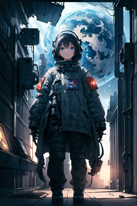 abandoned space station,woman standing with her eyes open android,Night sky with big moon visible,astronauts standing up,comet,meteor、空から降り注ぐmeteor、無数のmeteor群、4k,High Quality,Digital 3D Rendering,Realistic,Inspired by ,dark fantasy,mechanical atmosphere,ci...