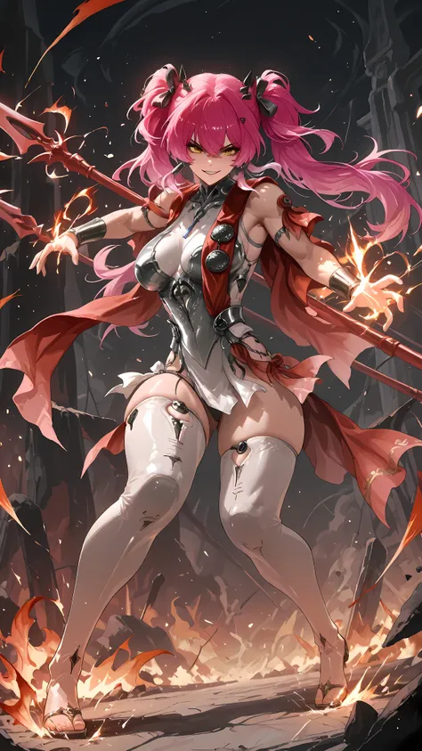 ((SOLO))Lupa \(wuthering waves\) in  the arena, fighting pose, full body, a spear , twin tails, detailed hands, medium breast, muscular thighs, thighs focus,  fire powers surround her, fierce smile, covered thighs