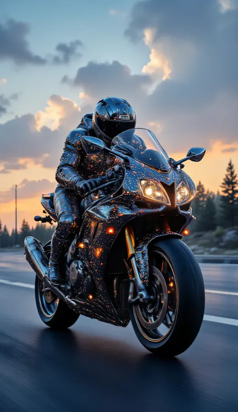 A man ride superbike on the road, side shoot from distance, full size. Captured from a distance with a dynamic high-speed tracking camera, slight camera tremor for realism. Realistic complex design, extremely clear lines, fine details, cinematic FX, dramat...