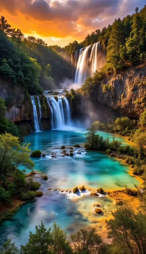A majestic multi-tiered waterfall tumbles down a dramatic rocky escarpment at sunset, its crystal clear waters catching the golden light and creating a perpetual mist that hovers above the scene. The waterfall feeds into a meandering small river with water...