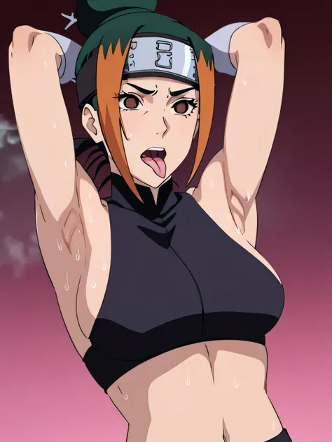 

Pakura,human woman with fair skin. She has black eyes and blackish orange clothing. Her hair is black in color; She is beautiful.Tsundere face. Pink eye shading,mature appearance,armpits,sweat,sweaty,sweaty armpits,arms up,showing armpits,awesome armpits...