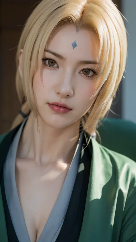 Tsunade from Naruto Shippuden, half-body portrait, ultra-realistic and highly detailed, HD quality, soft natural lighting, blonde hair tied in two ponytails, diamond mark on her forehead, wearing her gray kimono with green jacket, confident and calm expres...