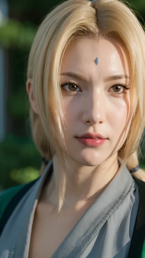 Tsunade from Naruto Shippuden, half-body portrait, ultra-realistic and highly detailed, HD quality, soft natural lighting, blonde hair tied in two ponytails, diamond mark on her forehead, wearing her gray kimono with green jacket, confident and calm expres...