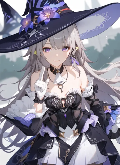 The Herta,the herta \(honkai star rail\), 1girl, hat, solo, leotard, bodystocking, jewelry, frills, black leotard, witch hat, black headwear, necklace, black choker, hat flower,score_9,score_8_up,score_7_up,score_6_up, masterpiece,best quality, witch hat,p...