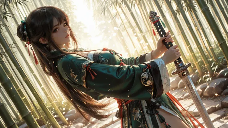 masterpiece, best quality, 1girl, solo, long hair, brown hair, looking at viewer, chinese clothes, hanfu, green dress, layered clothes, holding sword, jian, chinese sword, sheath, hand on hilt, dutch angle, from side, bamboo forest, bokeh, depth of field, ...