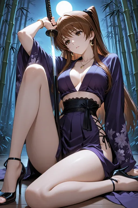 ogiso setsuna, weapon, katana, holding sword, ready to draw, sheathed, unsheathing, scabbard,, ogiso setsuna\(white album 2\), 1girl, brown hair, brown eyes, long hair, (beauitful eyes, detailed eyes), ((masterpiece)), Top Quality, very detailed, bamboo fo...