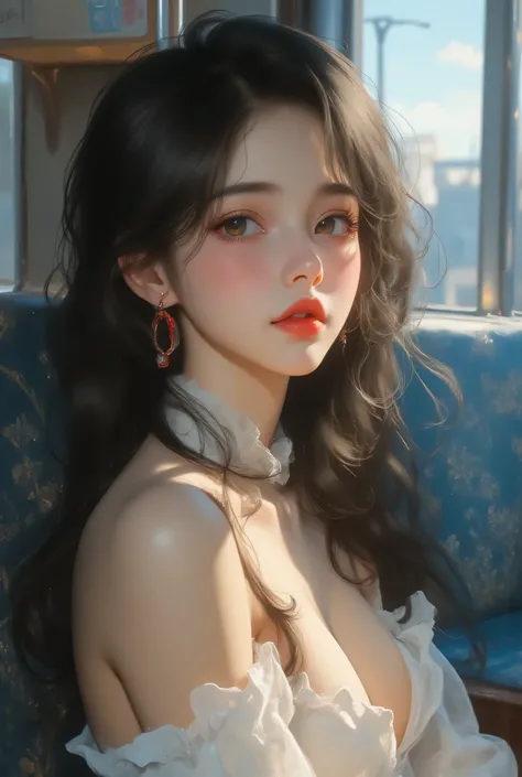 Highest Quality、masterpiece、high sensitivity、High Fine、detailed description、(Girl Sitting on a Train)、Slender Woman、（Full body photo）、beautiful girl who lost、cute idol、Skin that is white and translucent、Cute mouth、Adorable Eyes、high nose、High Sharp Nose Li...