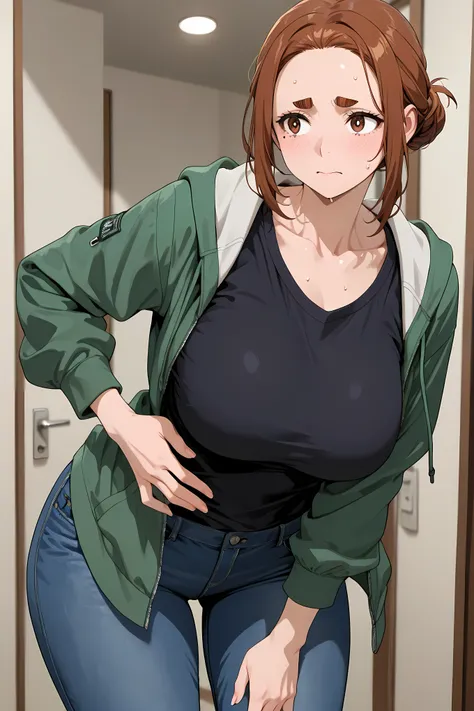 largesmrk, short hair, brown hair, single hair bun, brown eyes, thick eyebrows, mole under eye, large breasts, black shirt, collarbone, green hoodie, jeans, open hoodie,
large woman, thick body, wide hips, full stomach, big ass, full figure,
Solo, gen...