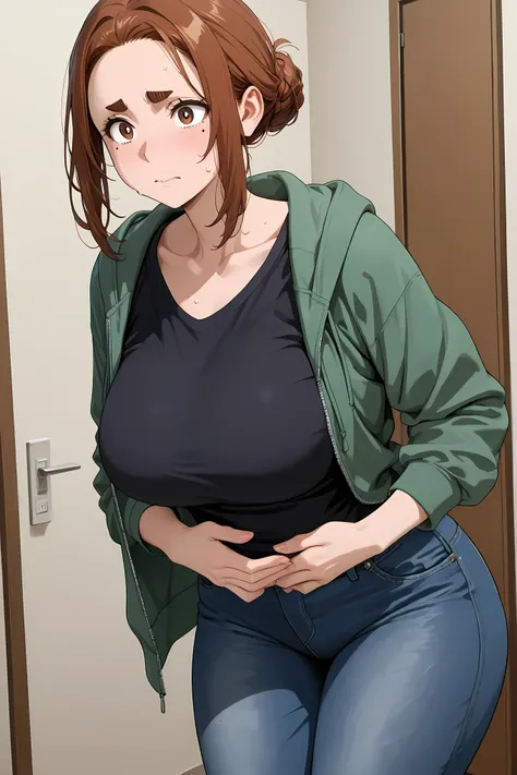 largesmrk, short hair, brown hair, single hair bun, brown eyes, thick eyebrows, mole under eye, large breasts, black shirt, collarbone, green hoodie, jeans, open hoodie,
large woman, thick body, wide hips, full stomach, big ass, full figure,
Solo, gen...