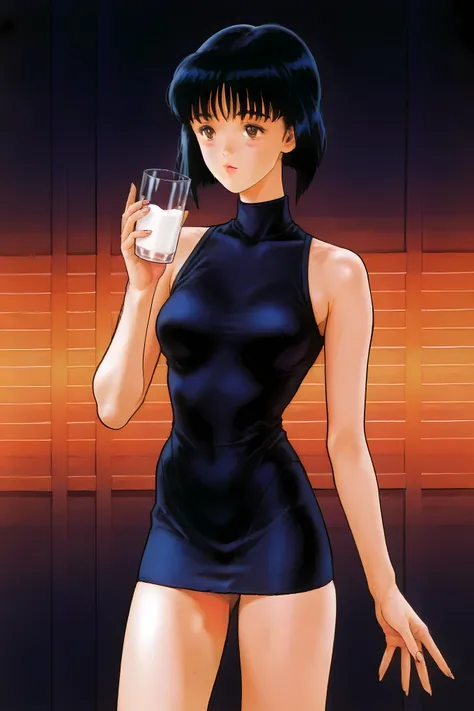 bob cut, black hair, brown eyes, takanashi kotomi, dna2, Kotomi Takanashi, Katsura Masakazu, black very short dress, sleeveless,

drinking glass of milk, 

Solo, general, masterpiece, highres, ultra-detailed, hyper-detailed, best quality,  amazing quality...