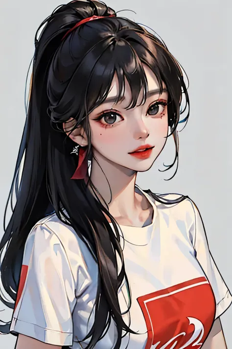 (highest resolution, distinct_image) Superb Quality, anime style, Asian woman in her early 20s, long straight black hair, bangs, Clean Ponytail, black eyes, with shiny cherry lips, wearing a Ferrari red F1 team suit short sleeve tee, Ferrari logo and spons...