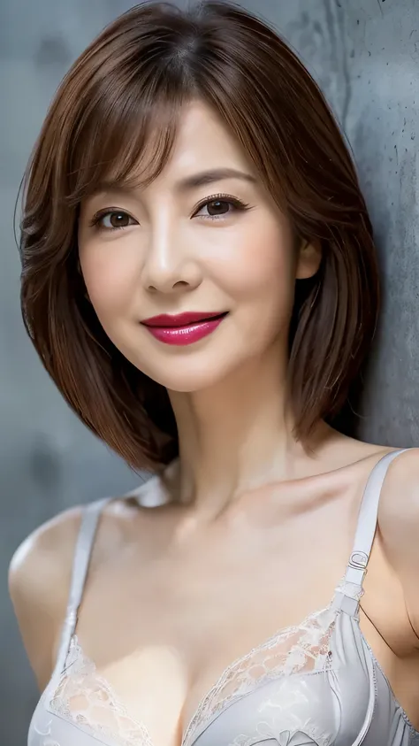 very detailed, masterpiece , Highest Quality, (( realistic)) 、((mature 60 year old Japanese woman)) 、beautiful detailed eyes 、((makeup、Lipstick))、((Skinny chest)), ( Slim, skinny body:1.6)、((bright brown hair、Straight Medium Hair)), Elegant and sophist...