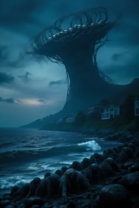A coastal New England town at twilight, as an immense shadow rises from the churning ocean. The silhouette reveals a massive entity with countless tentacles and a crown-like structure of fused human skulls. The sky above distorts into impossible geometries...