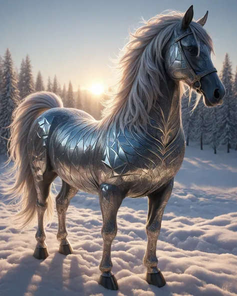 Excellent quality, 8k resolution, Photorealism, a monumental bronze horse with geometric patterns and glowing lines, the polished surface reflects the morning sky, snow covers parts of the sculpture creating a contrast of textures, the dawn sun breaks thro...