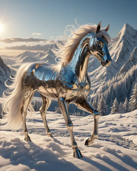 top quality, ultra-high resolution, in detail, a bronze cybernetic horse with fluid avant-garde forms, a combination of ancient aesthetics and futuristic design, holographic elements between bronze plates, deep snow cover, the rising sun creates long shado...